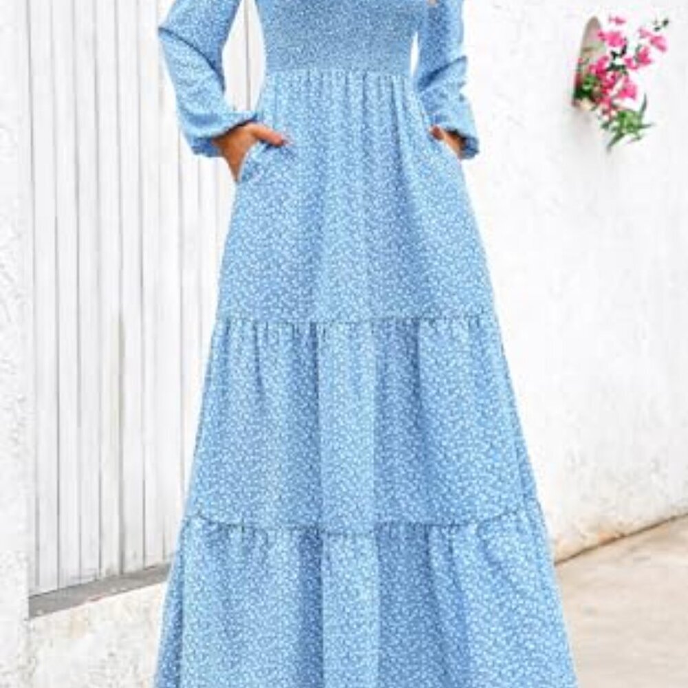 Flowy Floral Maxi Dress Smocked Tiered Long Sleeve Spring Boho Chic - Picture 3 of 8